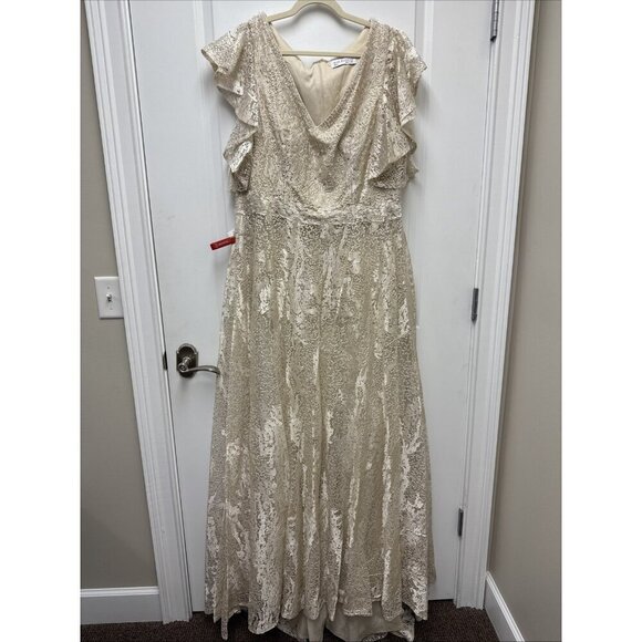Mac Duggal Size 18 Ivory Nude Embellished Flutter Sleeve Lace A-Line Gown $798 - Picture 4 of 12
